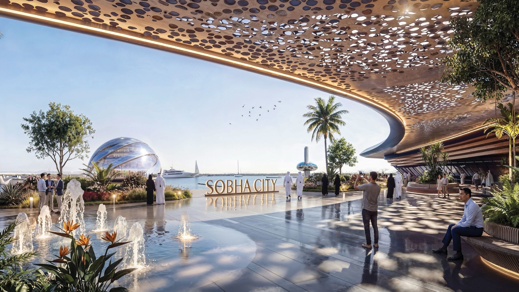 Sobha City Abu Dhabi entrance pavilion with branded Sobha City signage, fountains and waterfront views