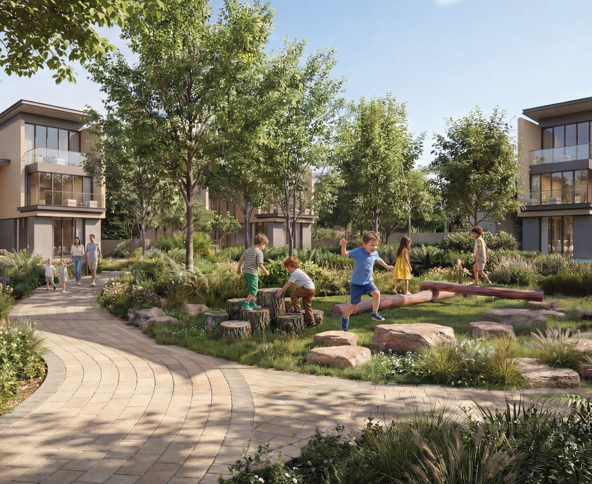 Sobha City Abu Dhabi family community gardens with children's play areas and forest trails between villas