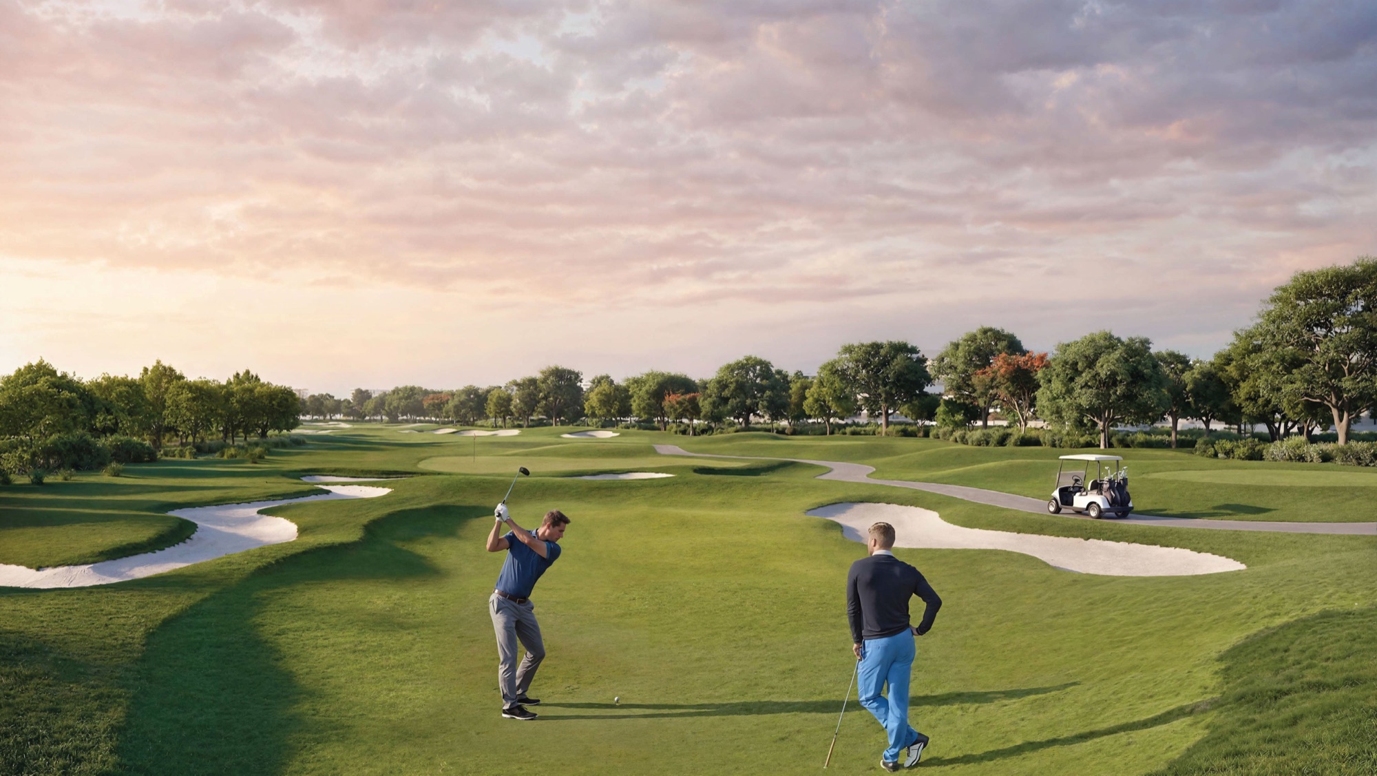 Sobha City Abu Dhabi Par-3 executive golf course at sunset with manicured fairways and bunkers