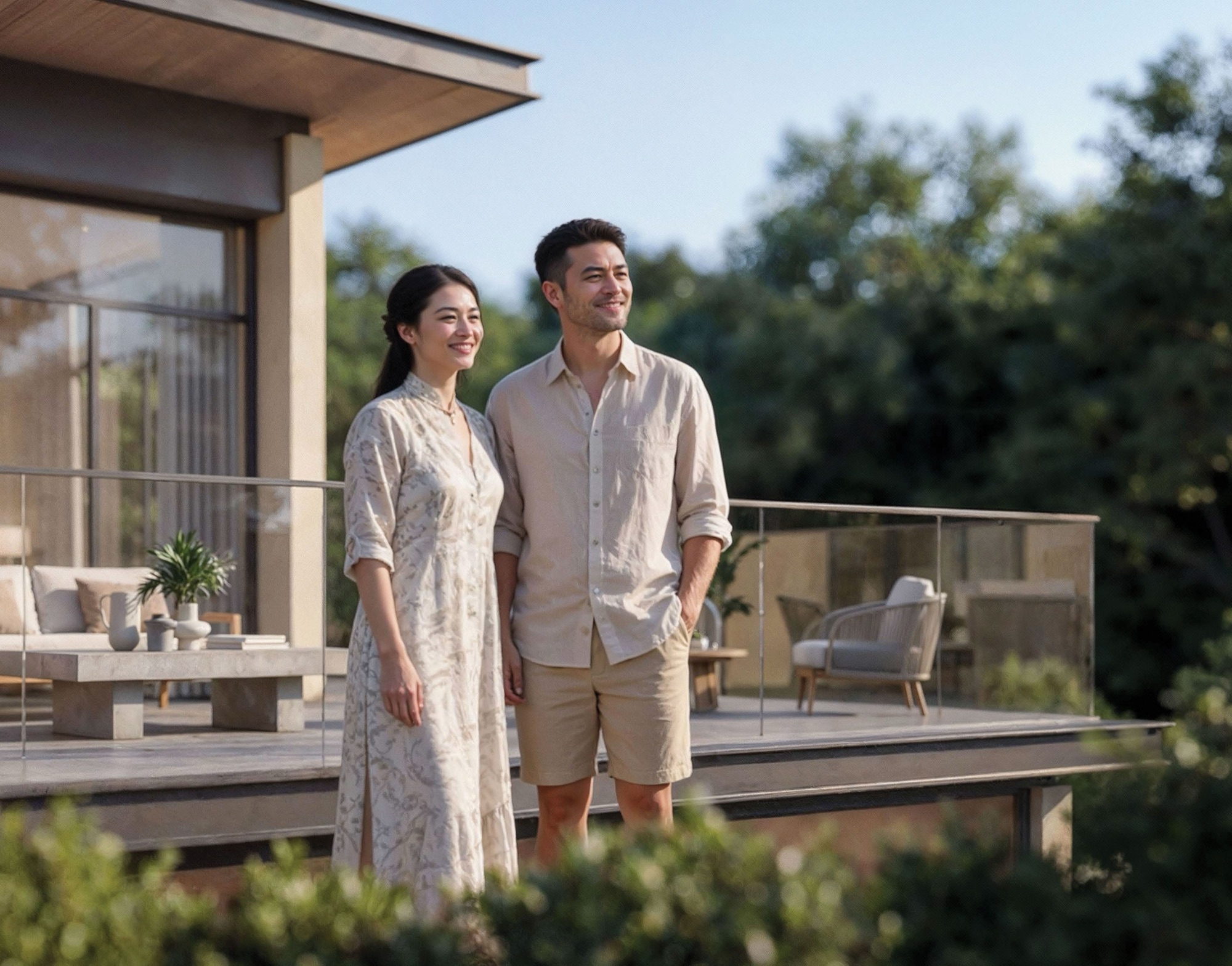 Sobha City Abu Dhabi Estate Villa terrace lifestyle render with panoramic green vistas