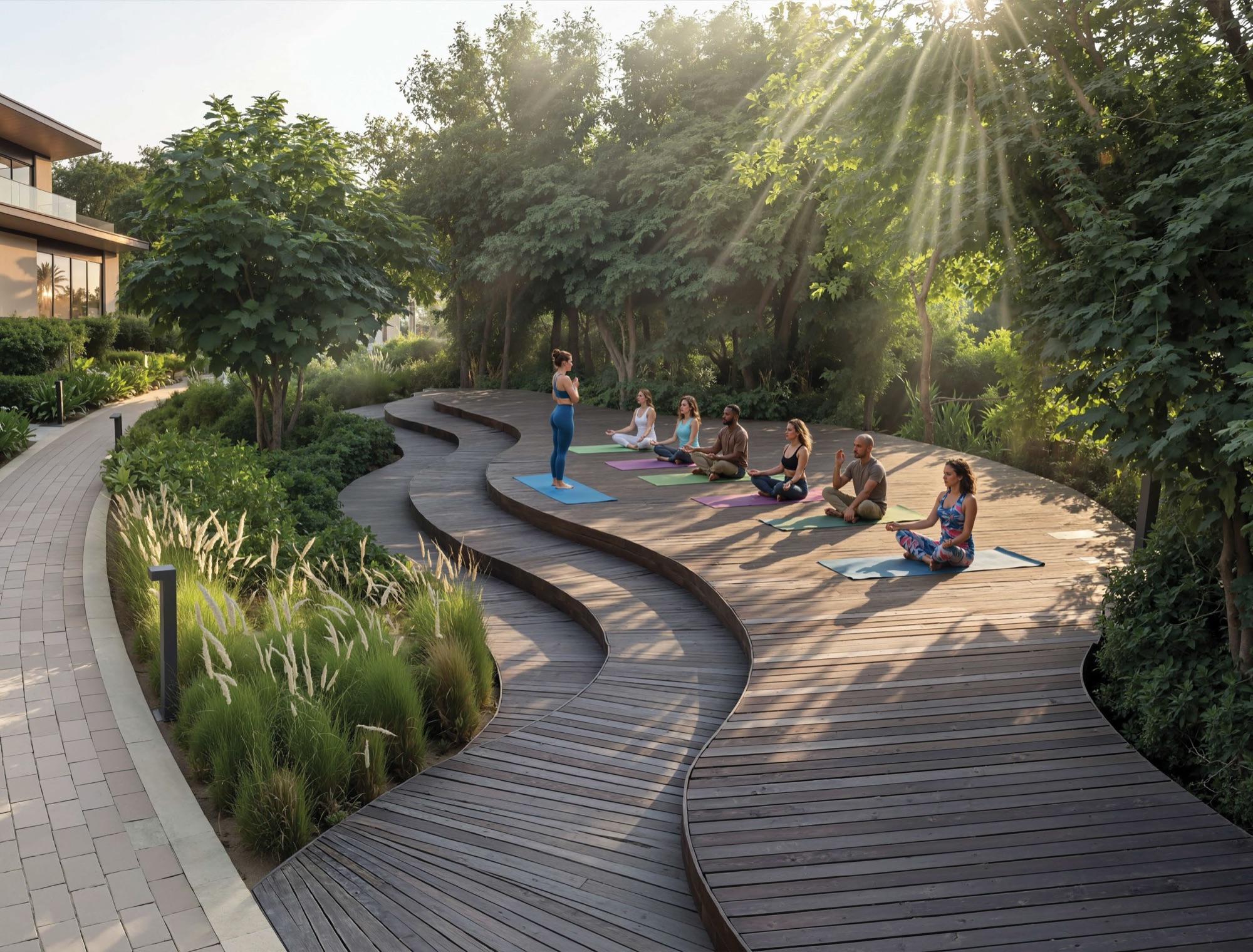 Sobha City Abu Dhabi outdoor wellness deck with yoga and meditation in landscaped forest setting