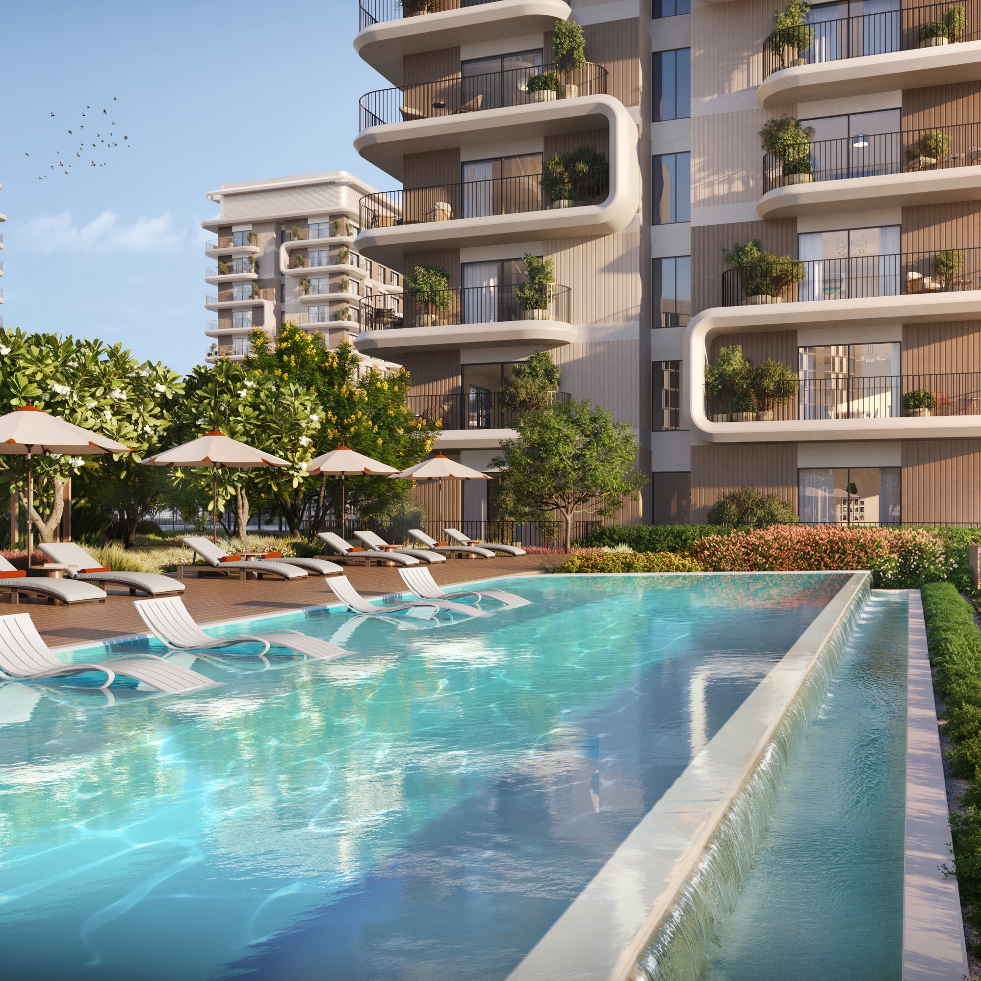 Yas Park Place Aldar Yas Island Abu Dhabi adults-only infinity pool with curved balcony facade and sun loungers