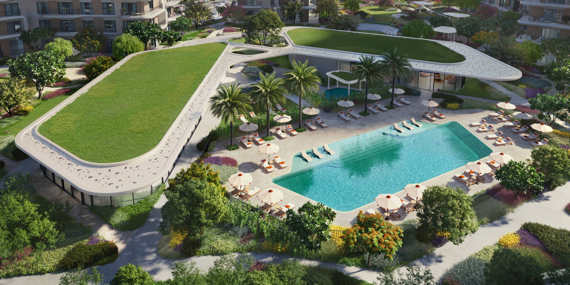 Yas Park Place Aldar Yas Island Abu Dhabi family pool aerial view with palm-lined deck and lawn