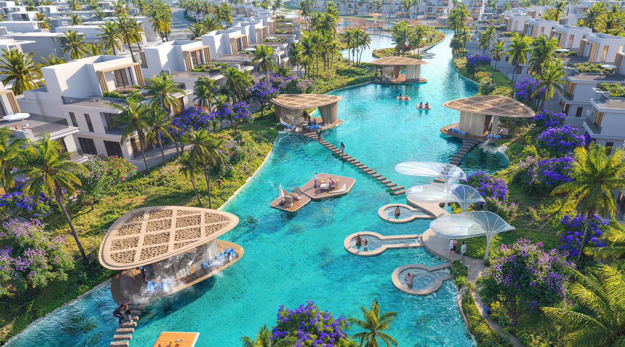 DAMAC Islands 2 Dubai natural swimming lagoon with floating wellness pavilions, Mauritius and Tahiti clusters