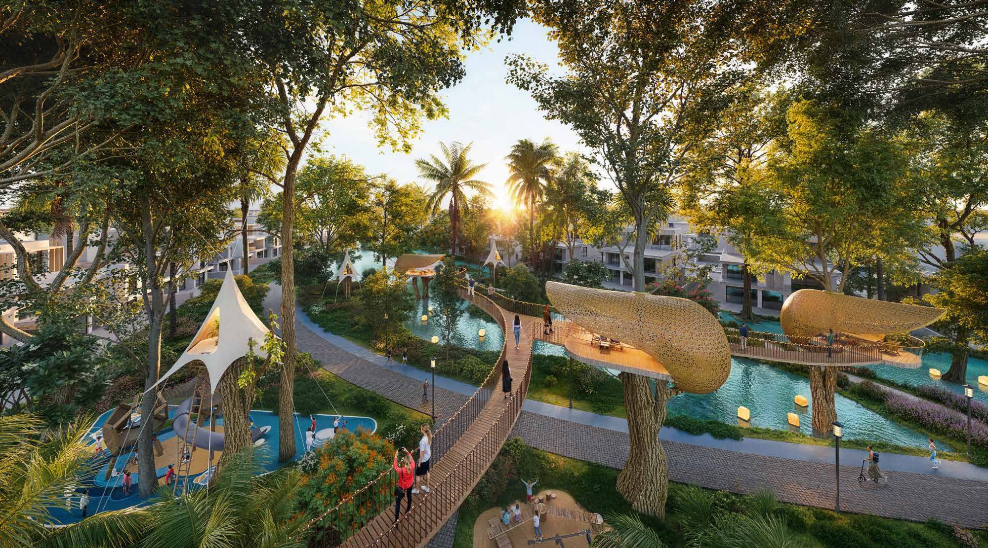 DAMAC Islands 2 Dubai Sky Woods Adventure canopy walk and treehouse park amid tropical trees