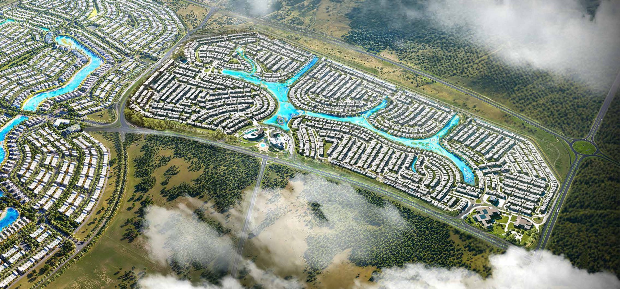 DAMAC Islands 2 Dubai full masterplan aerial — eight themed island clusters with lagoon network