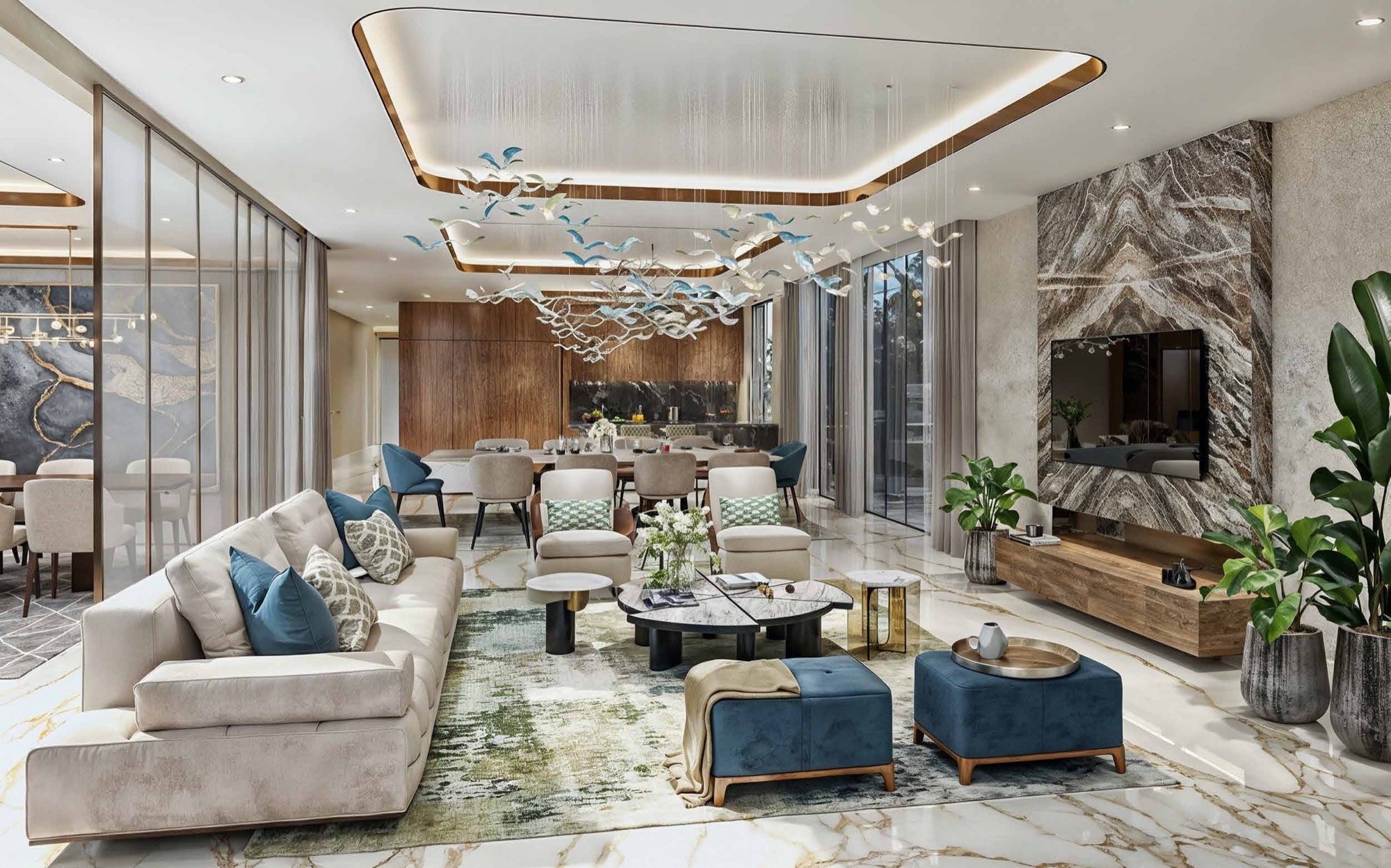 DAMAC Islands 2 Dubai luxury villa interior — open-plan family living and dining with Calacatta Gold porcelain flooring