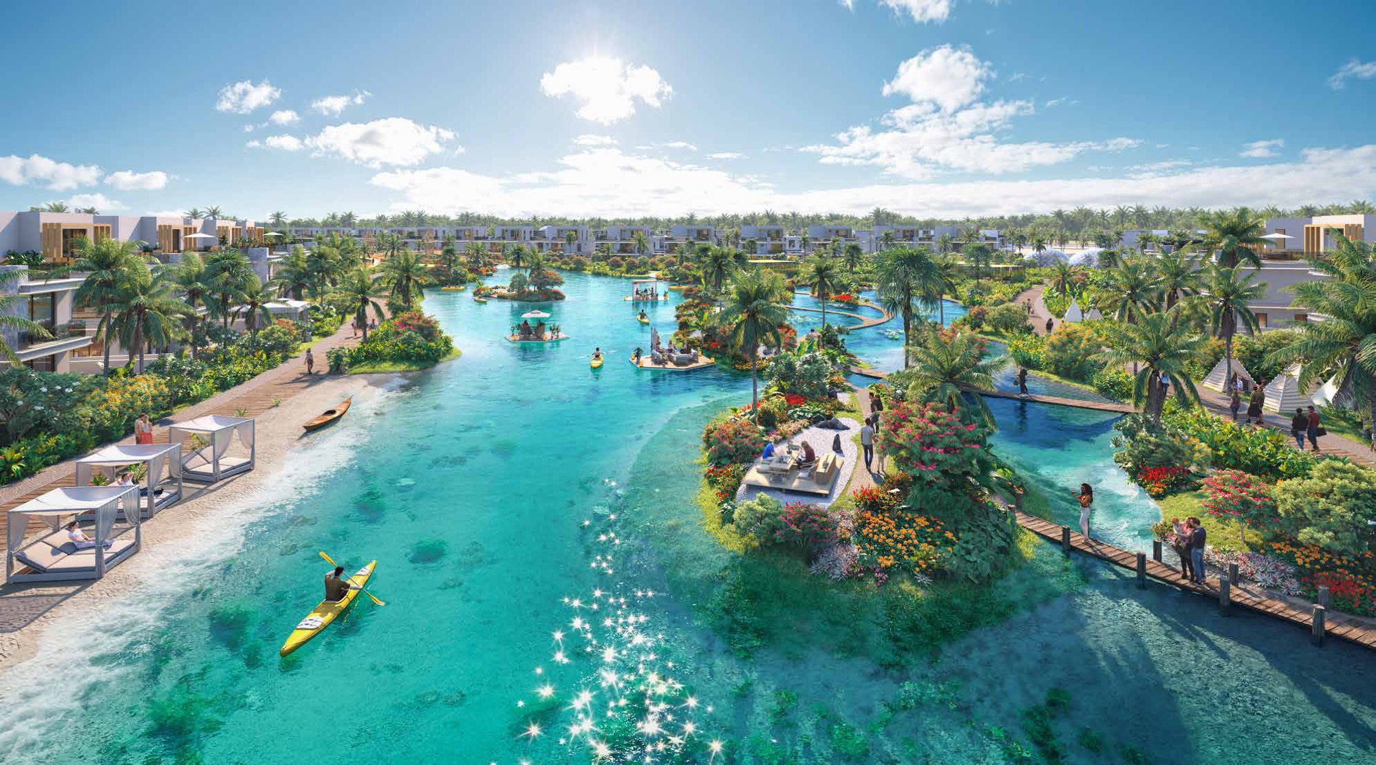 DAMAC Islands 2 Dubai Nature's Journey lagoon with wooden kayaks, floating gardens and sunlit tropical waters