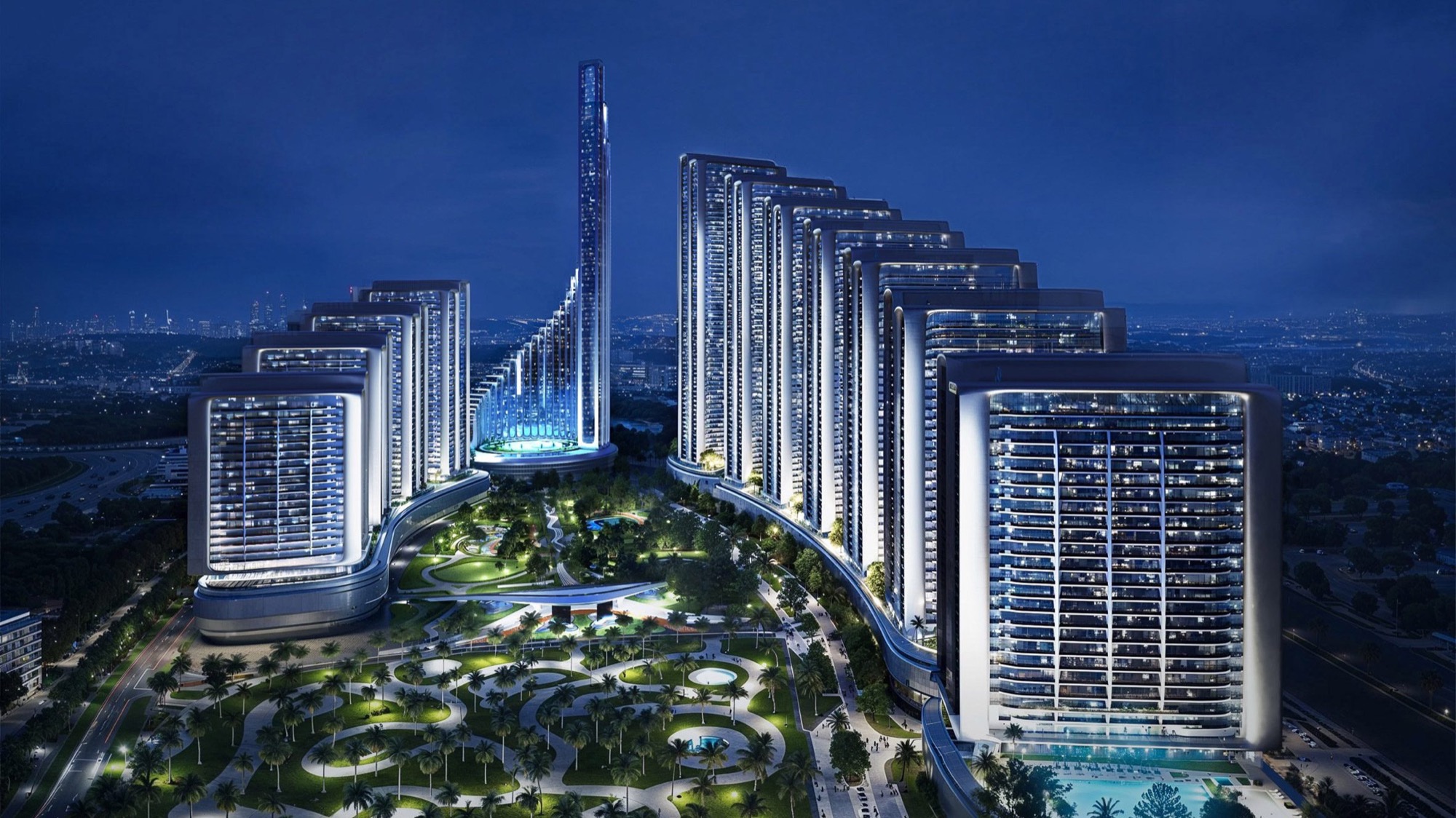 Mercedes-Benz Places by Binghatti Meydan Dubai night render — world's first Mercedes-Benz branded city with signature iconic tower and 12-tower Binghatti City masterplan