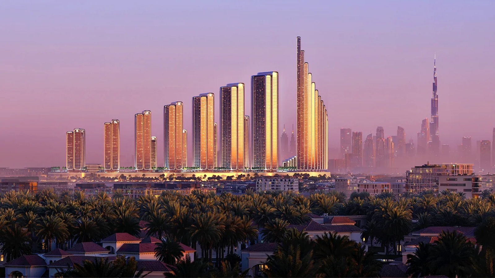 Mercedes-Benz Places by Binghatti Meydan Dubai dawn skyline view of branded residential towers with Burj Khalifa and Downtown Dubai backdrop