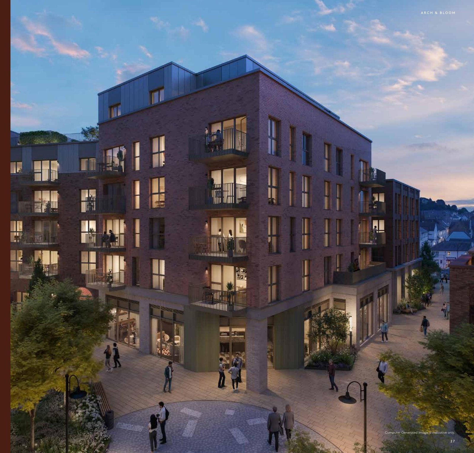 Arch & Bloom Guildford CGI dusk exterior of The Cloverden, red-brick apartment building with balconies and ground-floor shops