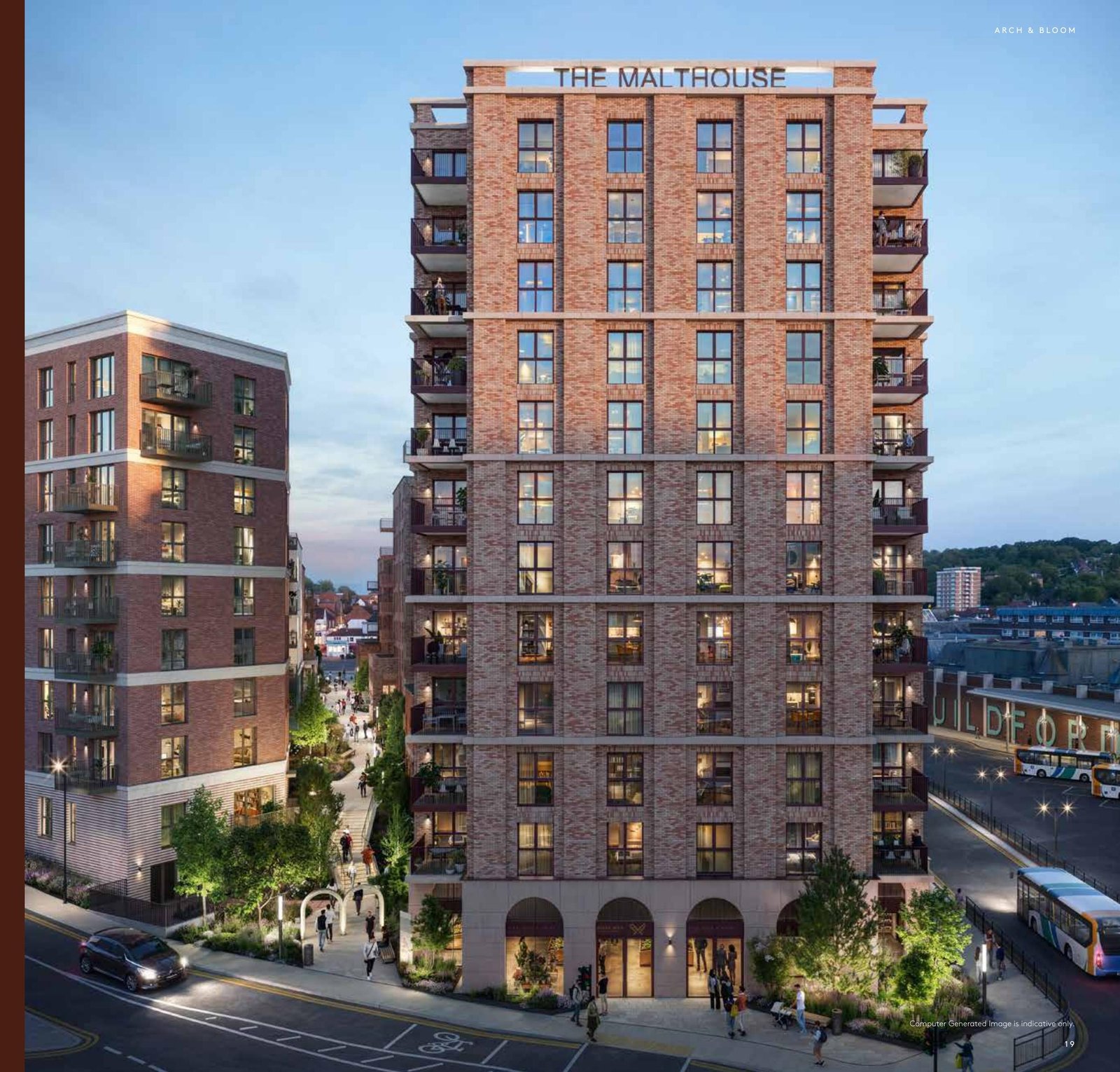 Arch & Bloom Guildford CGI of The Malthouse tower, a red-brick high-rise apartment building in Guildford town centre