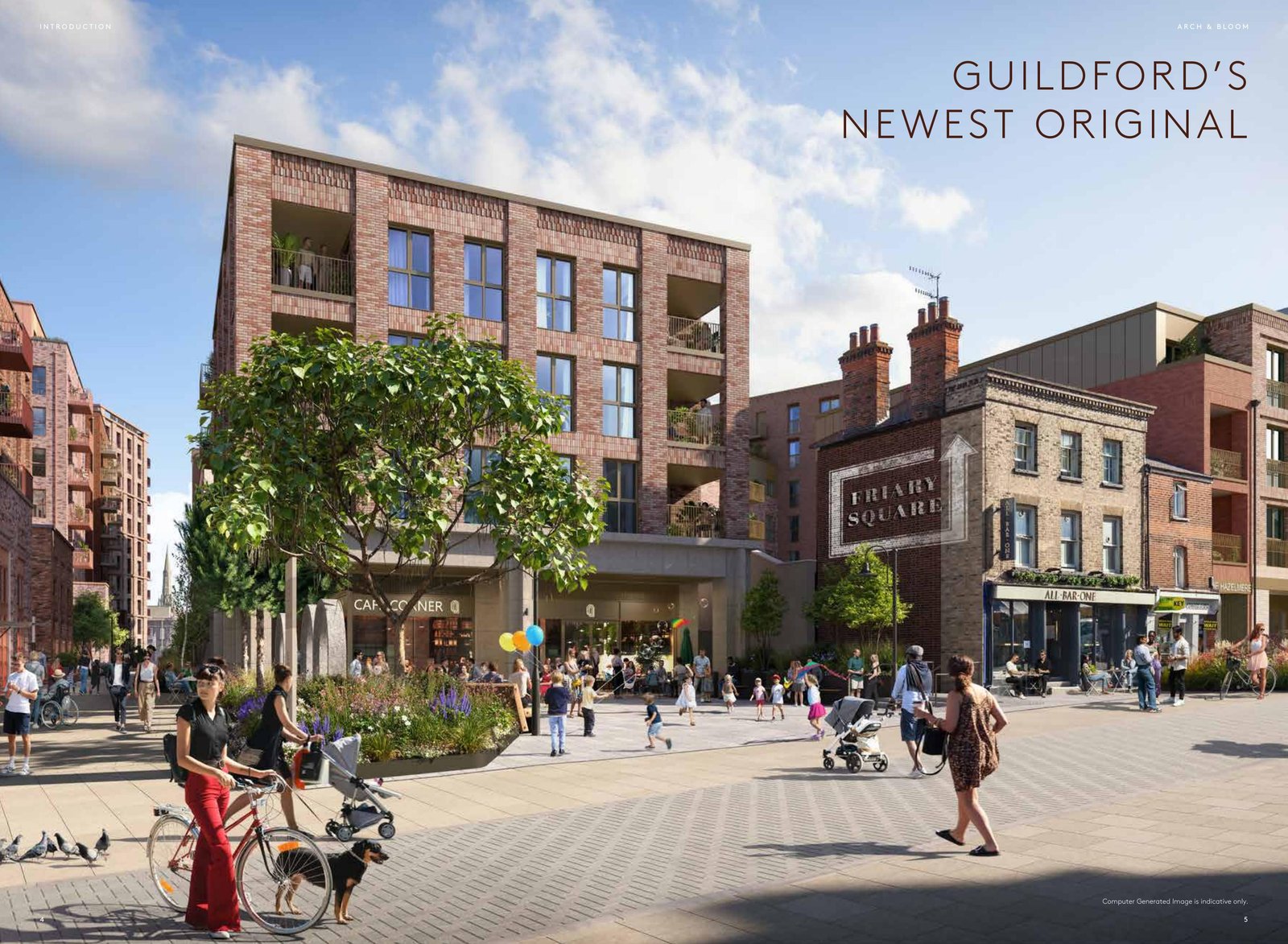 Arch & Bloom Guildford CGI street scene at Friary Square with shops, cafés and pedestrians