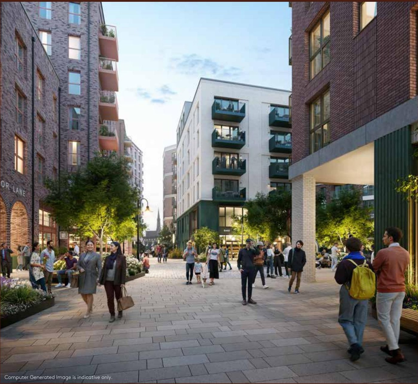 Arch & Bloom Guildford CGI courtyard walkway with landscaped planting between apartment blocks