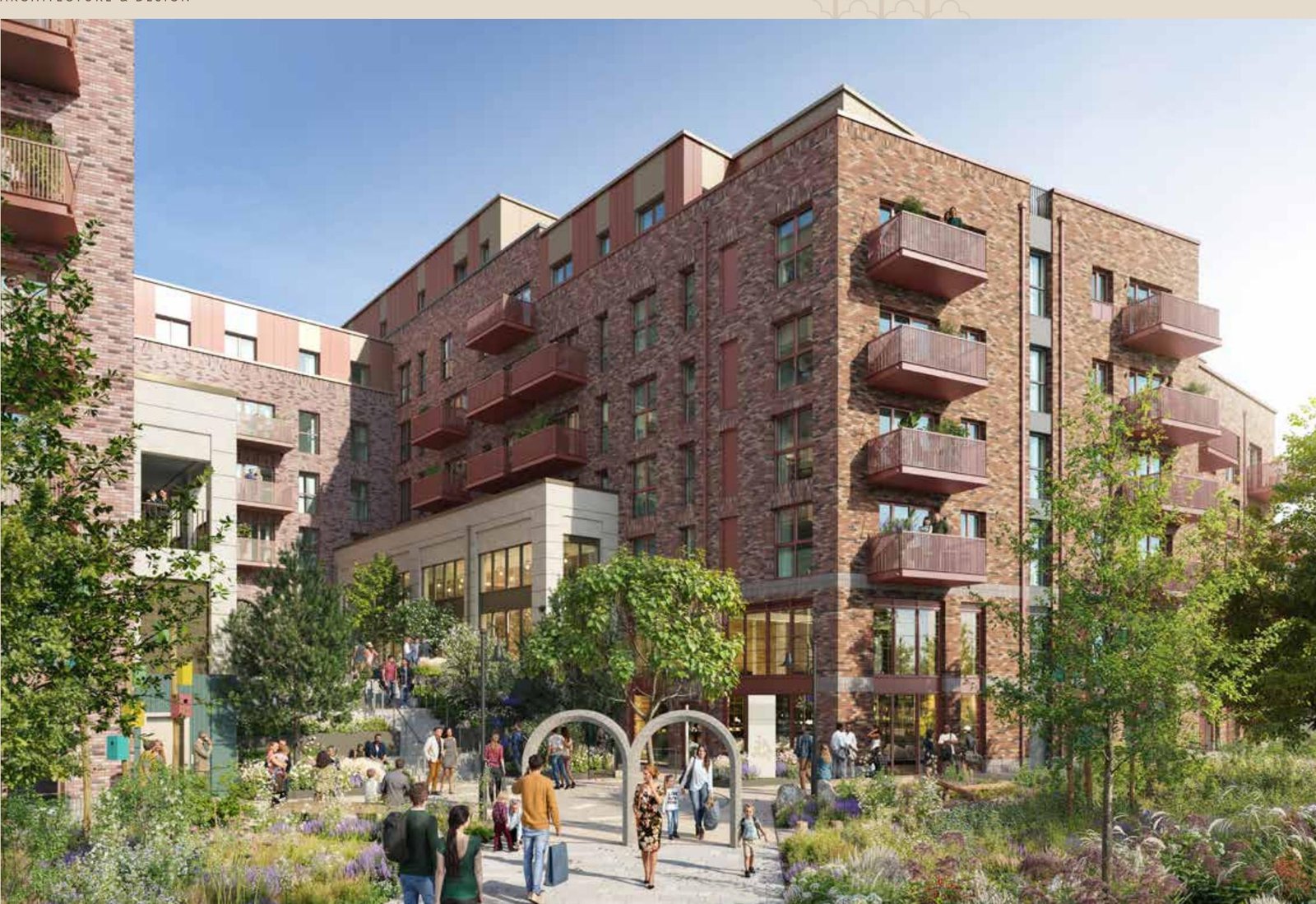 Arch & Bloom Guildford CGI of Dial Square courtyard with arched sculptures, trees and apartment building