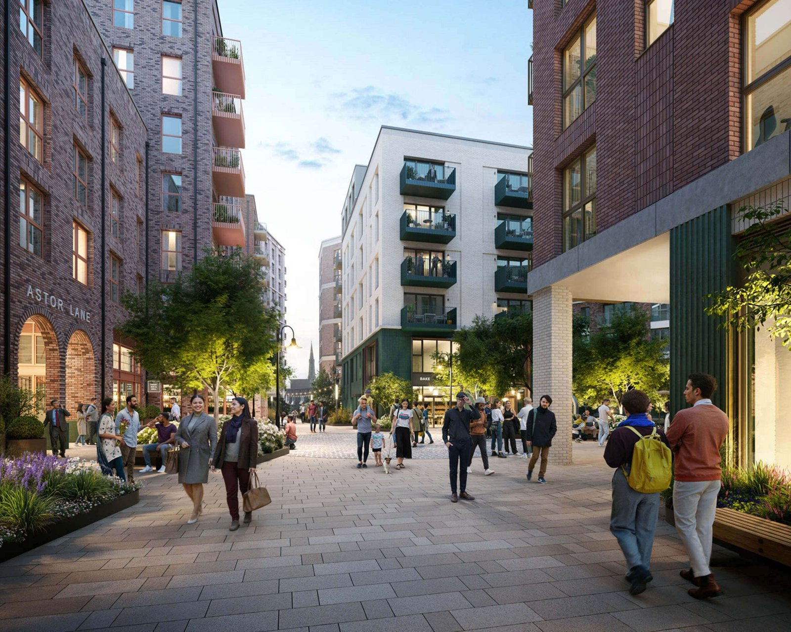 Arch & Bloom Guildford CGI evening street scene with pedestrians walking past the development