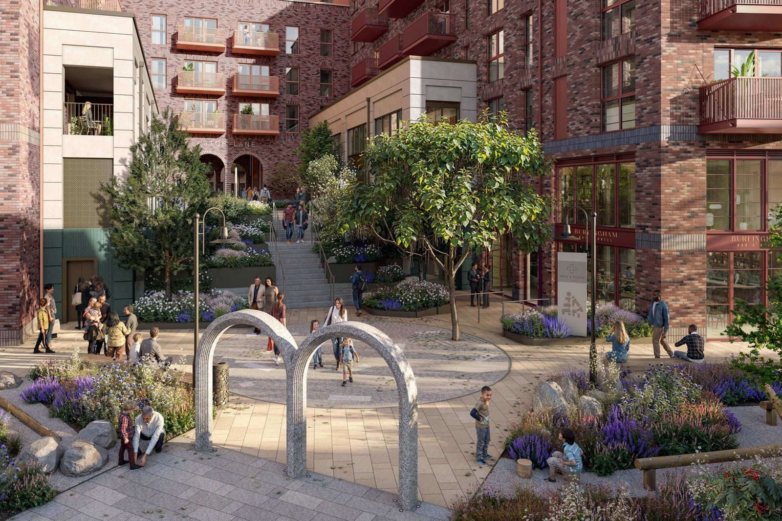 Arch & Bloom Guildford CGI courtyard garden with cycle racks, hedging and seating between apartment blocks