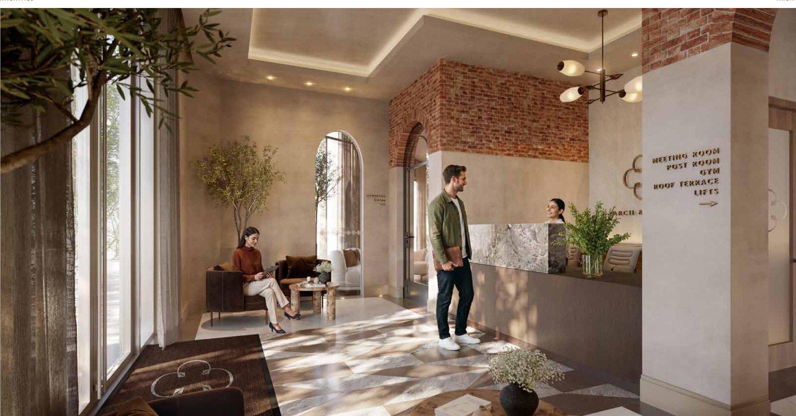 Arch & Bloom Guildford CGI lobby interior at The Cloverden with reception desk and lounge seating