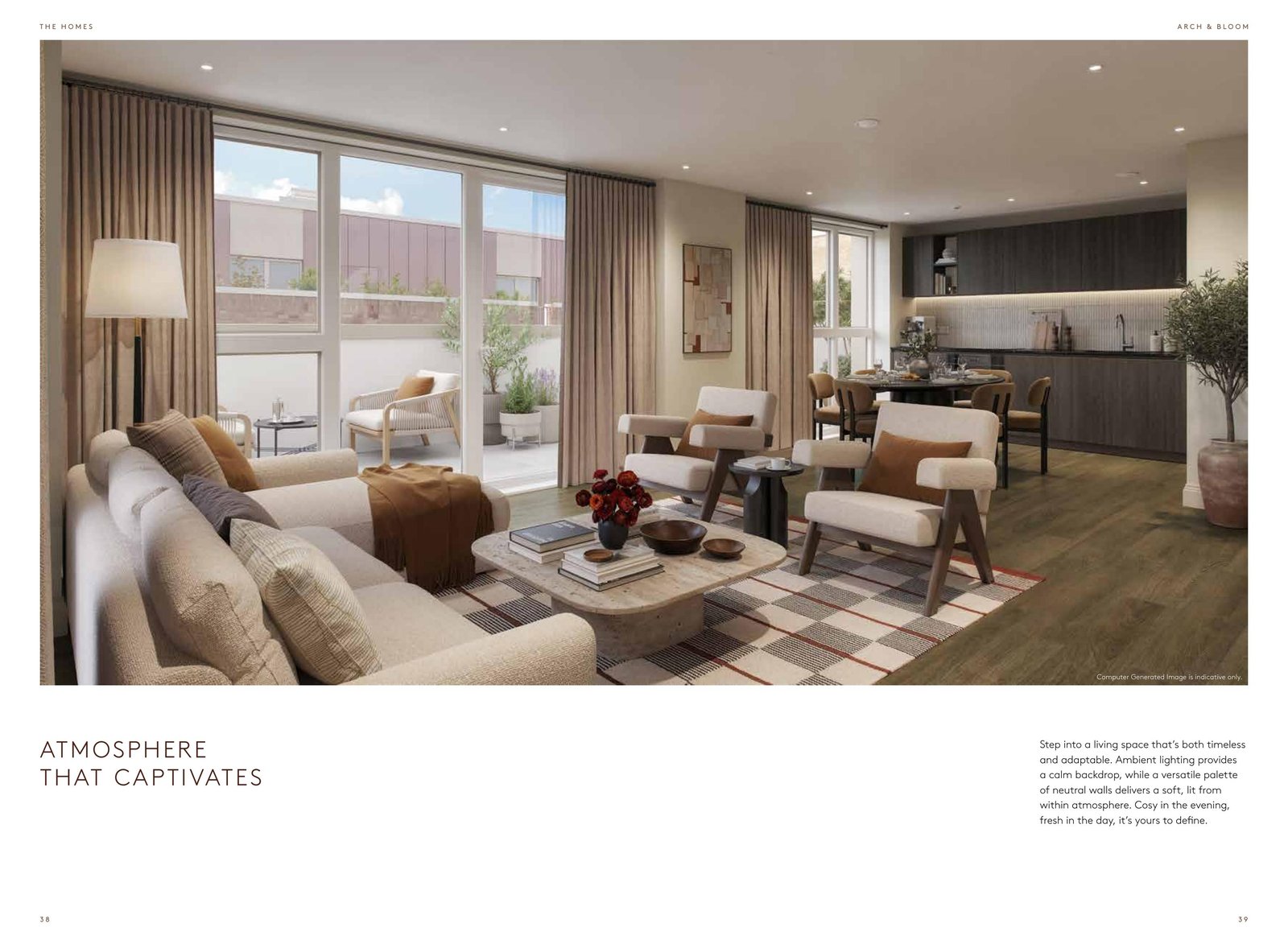 Arch & Bloom Guildford CGI open-plan living room and kitchen interior at The Cloverden