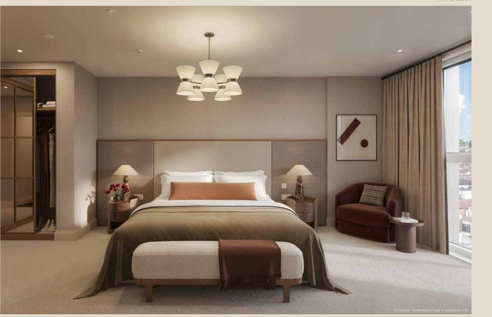 Arch & Bloom Guildford CGI bedroom interior at The Cloverden with upholstered headboard and city view