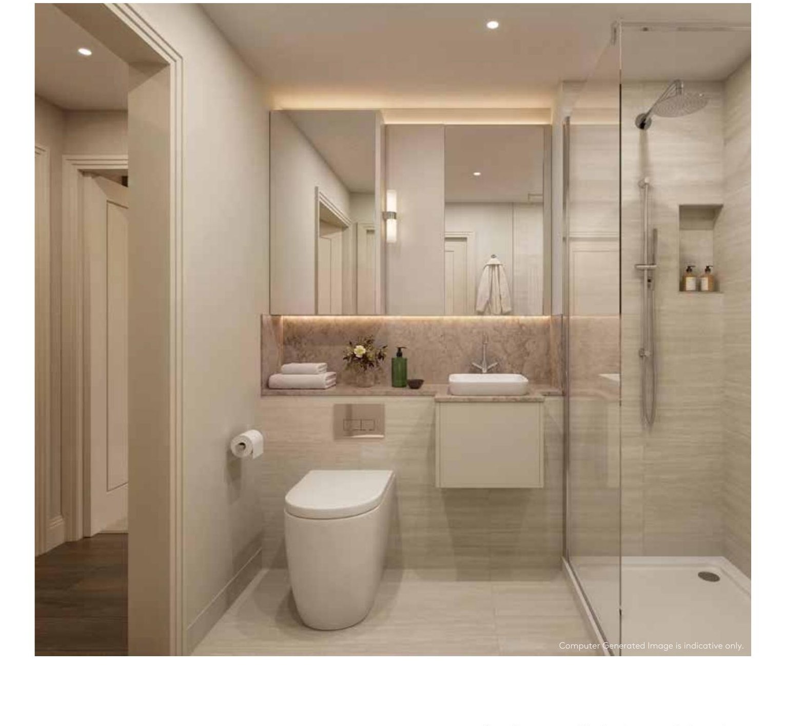 Arch & Bloom Guildford CGI bathroom interior at The Cloverden with walk-in shower and vanity