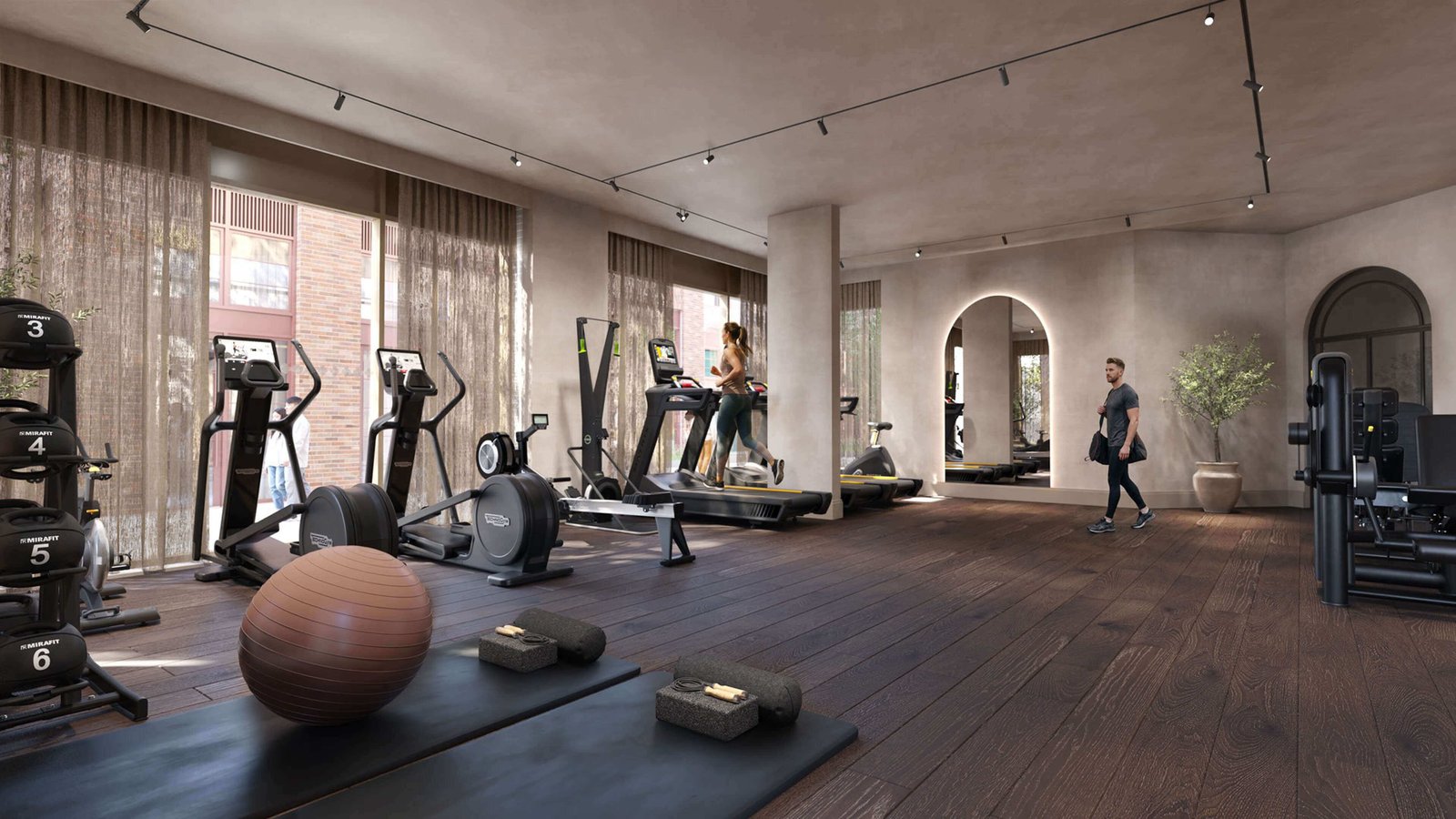 Arch & Bloom Guildford CGI residents' gym with treadmills and full-height windows