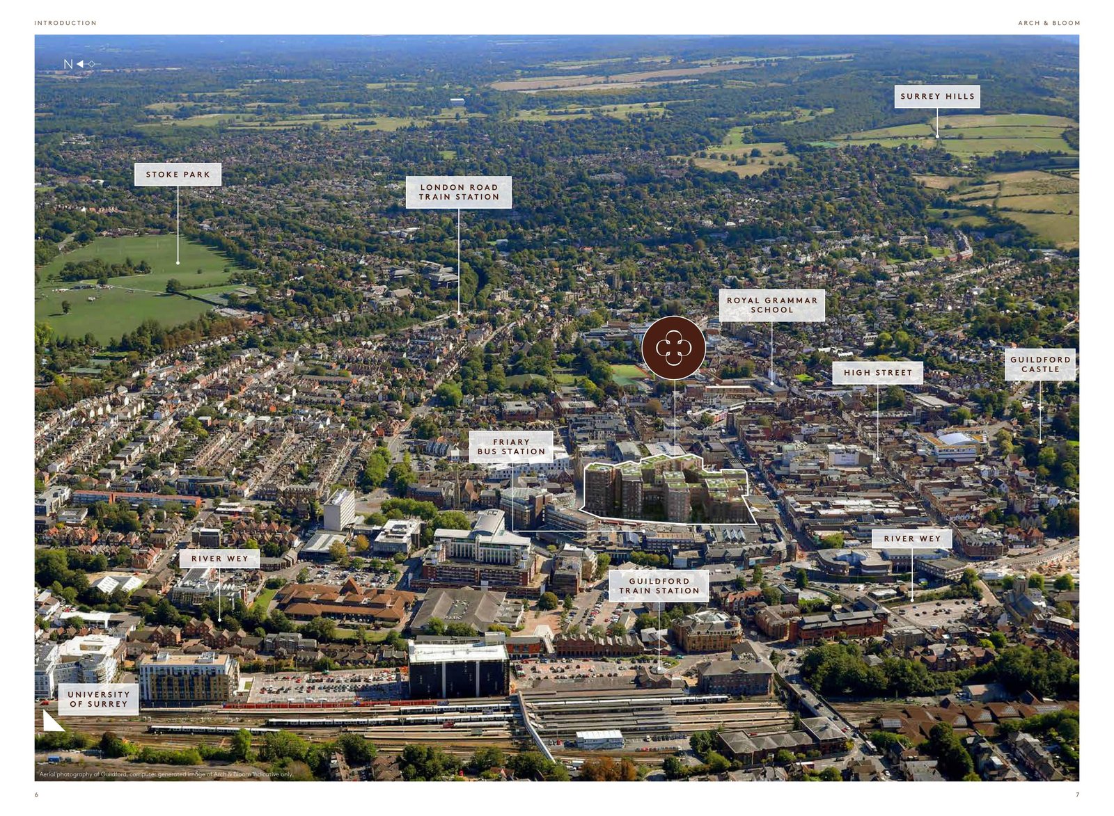 Arch & Bloom Guildford aerial photograph showing the site relative to Guildford Castle, the High Street, Guildford Train Station and the University of Surrey