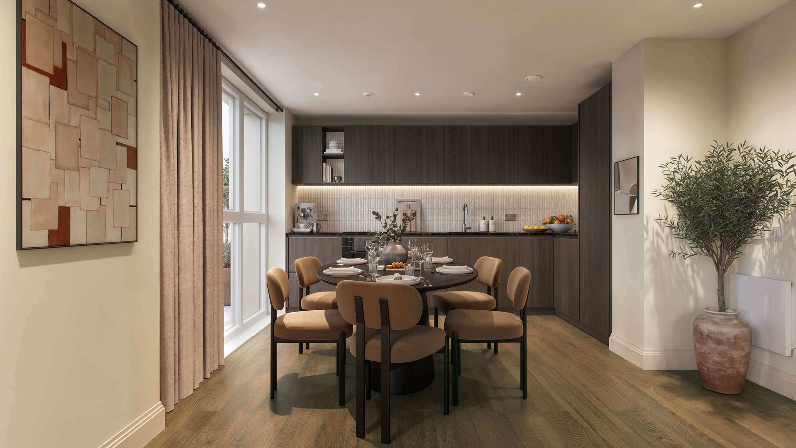 Arch & Bloom Guildford CGI kitchen and dining area with dark wood cabinetry and dining table