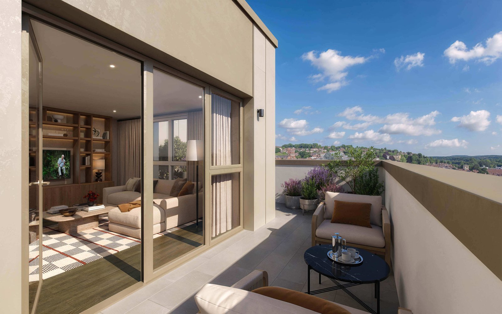 Arch & Bloom Guildford CGI balcony with seating overlooking Guildford, opening onto the living room
