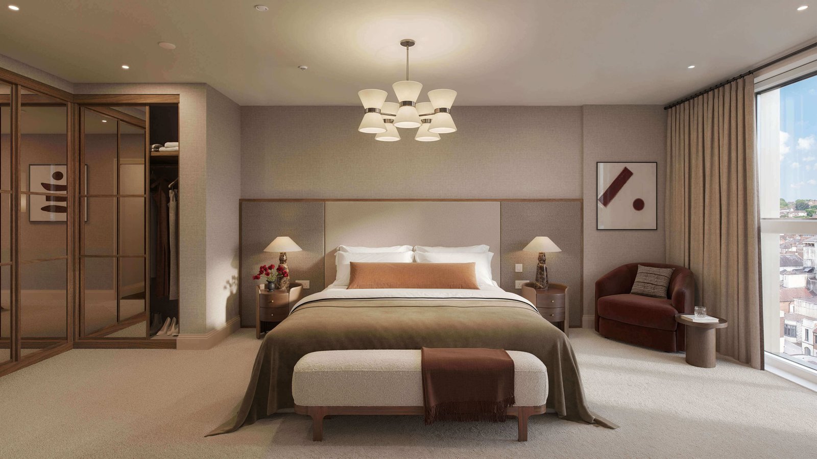 Arch & Bloom Guildford CGI bedroom interior with double bed and view over Guildford