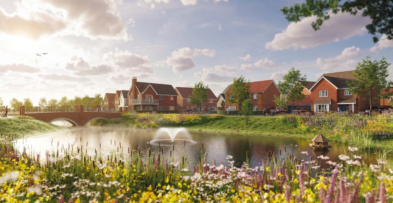 Eastbrook Village Milton Keynes Berkeley Homes CGI showing red-brick family houses beside a wildflower-lined pond, bridge and fountain at sunset