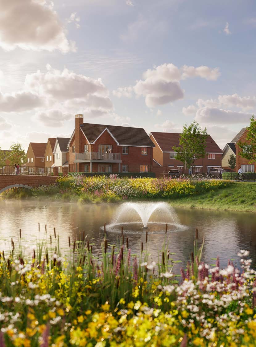 Eastbrook Village Milton Keynes portrait CGI of the pond and fountain with red-brick and cream weatherboarded family houses in the background