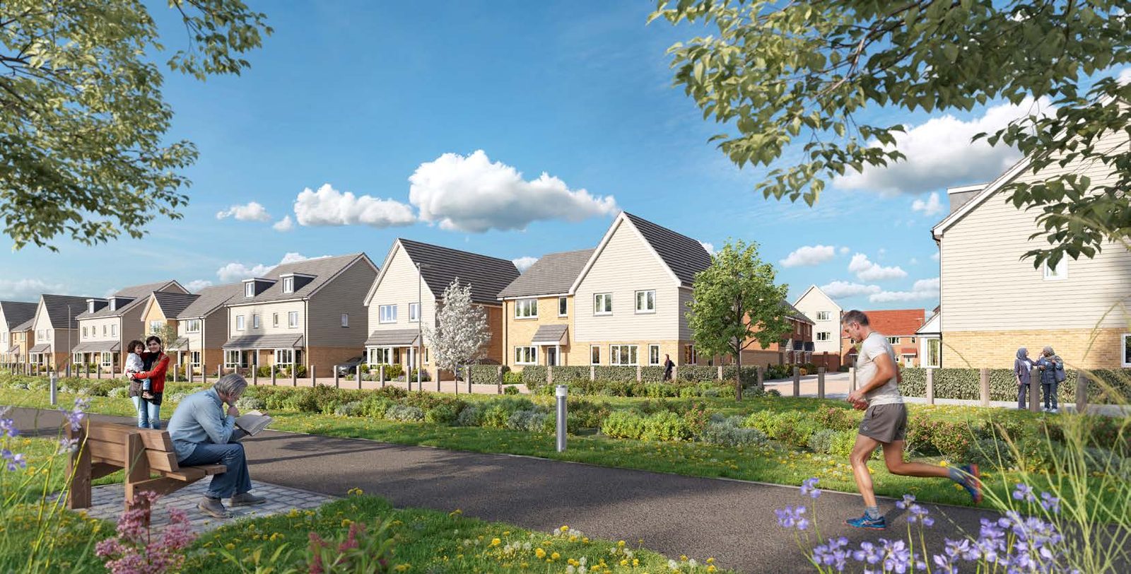 Eastbrook Village Milton Keynes street scene CGI with runner passing timber-clad and brick family homes along a linear parkland walk