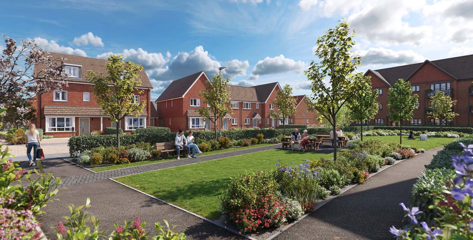 Eastbrook Village Milton Keynes architecture close-up CGI of a red-brick detached family house with tile-hung gable and clay roof