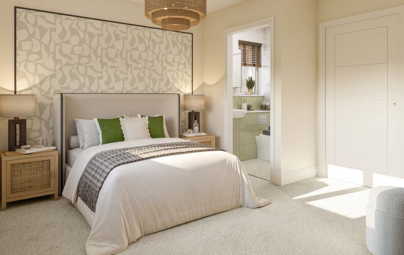 Eastbrook Village Milton Keynes show-home bedroom interior with upholstered headboard, patterned feature wall, en-suite shower room and rattan pendant