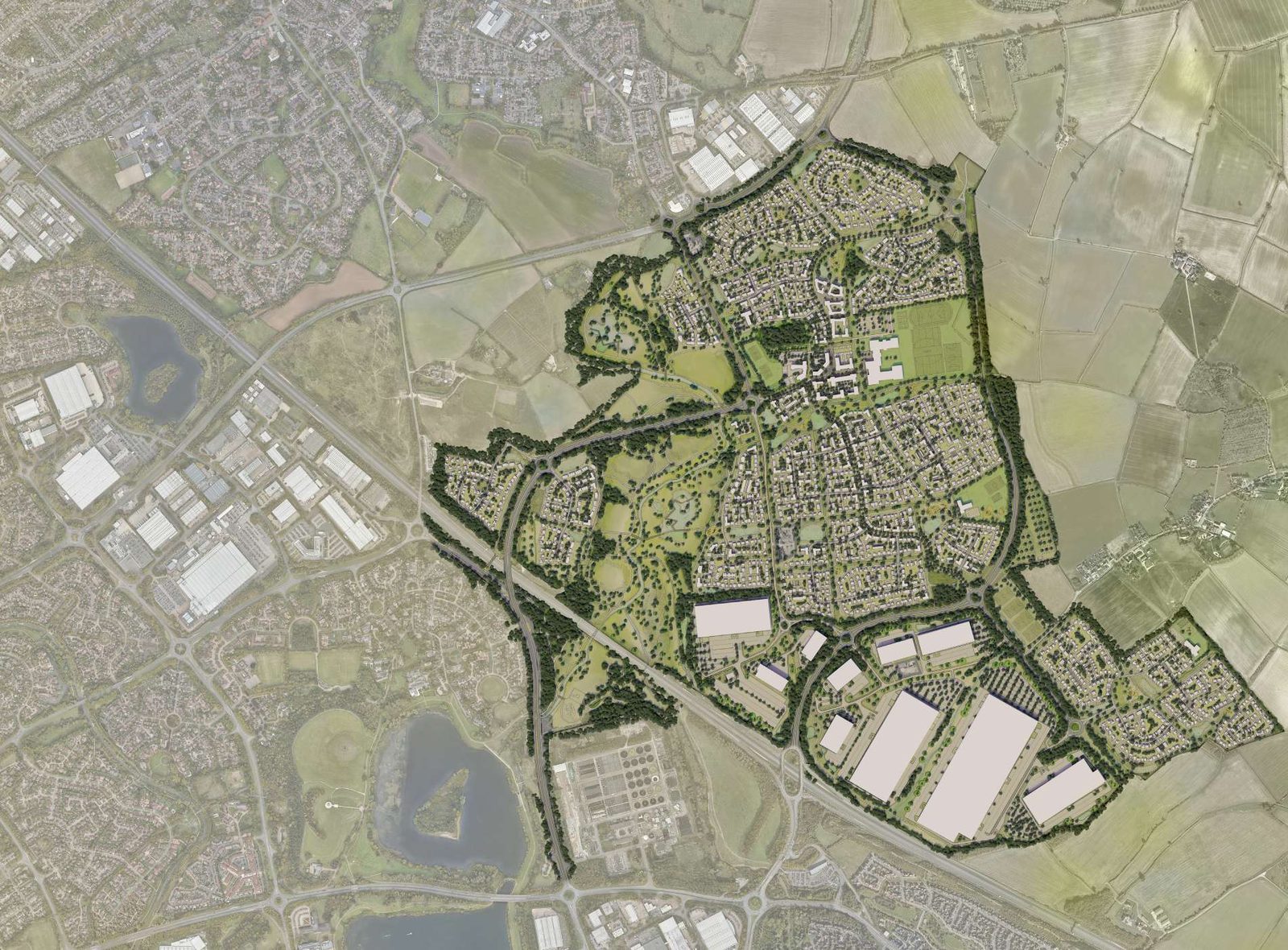 Eastbrook Village Milton Keynes aerial masterplan CGI showing the 950-acre site with parkland, streets and Phase 1A between Newport Pagnell and the M1