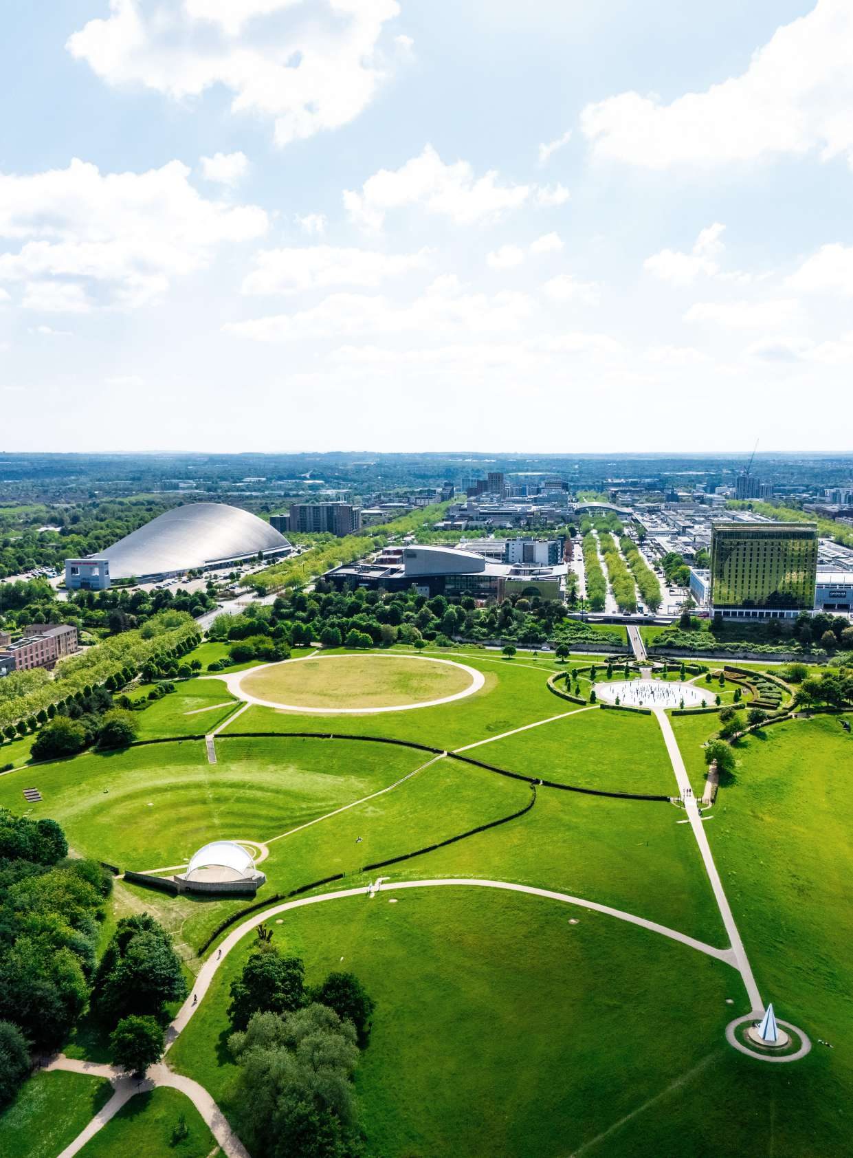 Central Milton Keynes aerial photograph showing Campbell Park, the Snozone dome, Xscape and the retail core in the distance