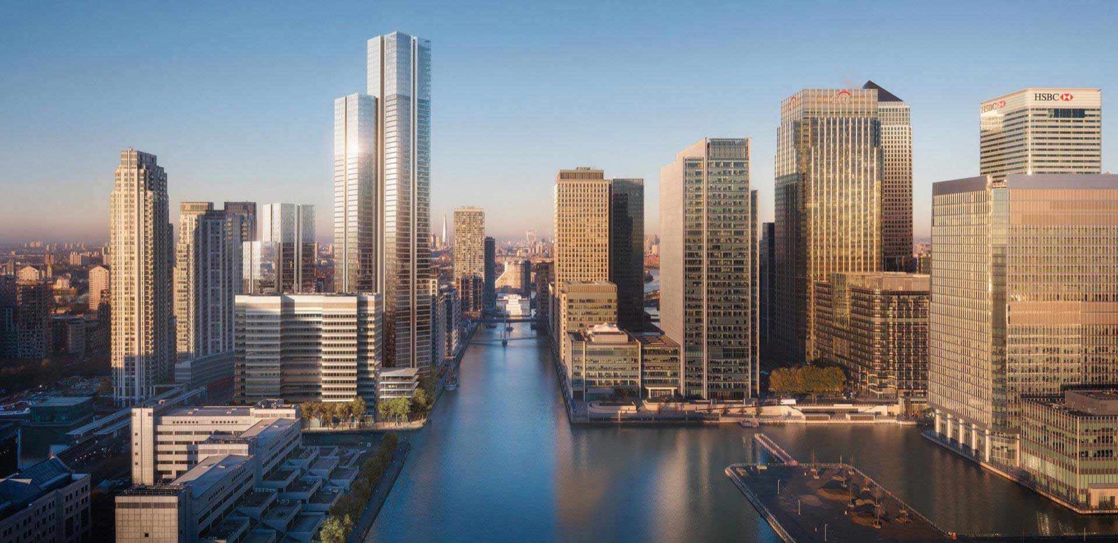 Harcourt Gardens South Quay Plaza Canary Wharf E14 aerial of South Quay Plaza rising above Canary Wharf with HSBC and Citi towers and the Millwall Dock waterway at sunrise
