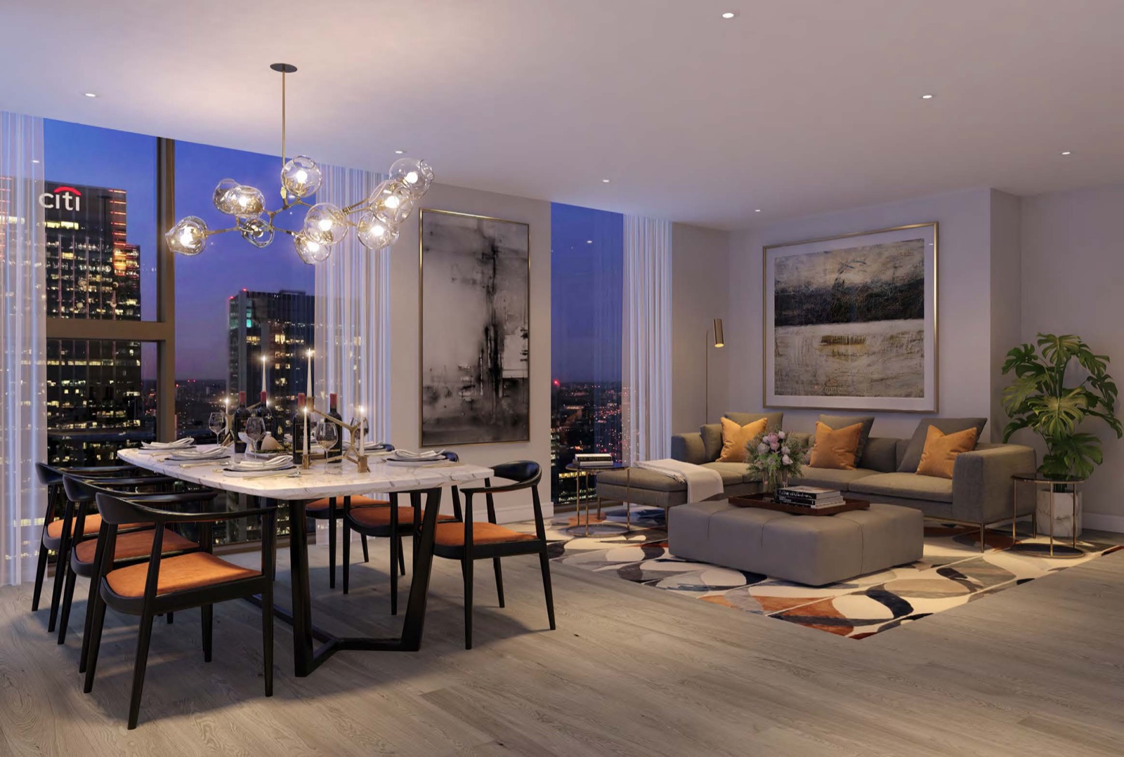 Harcourt Gardens South Quay Plaza Canary Wharf E14 living and dining room with floor-to-ceiling glazing, sculptural pendant chandelier and Citi tower view at dusk