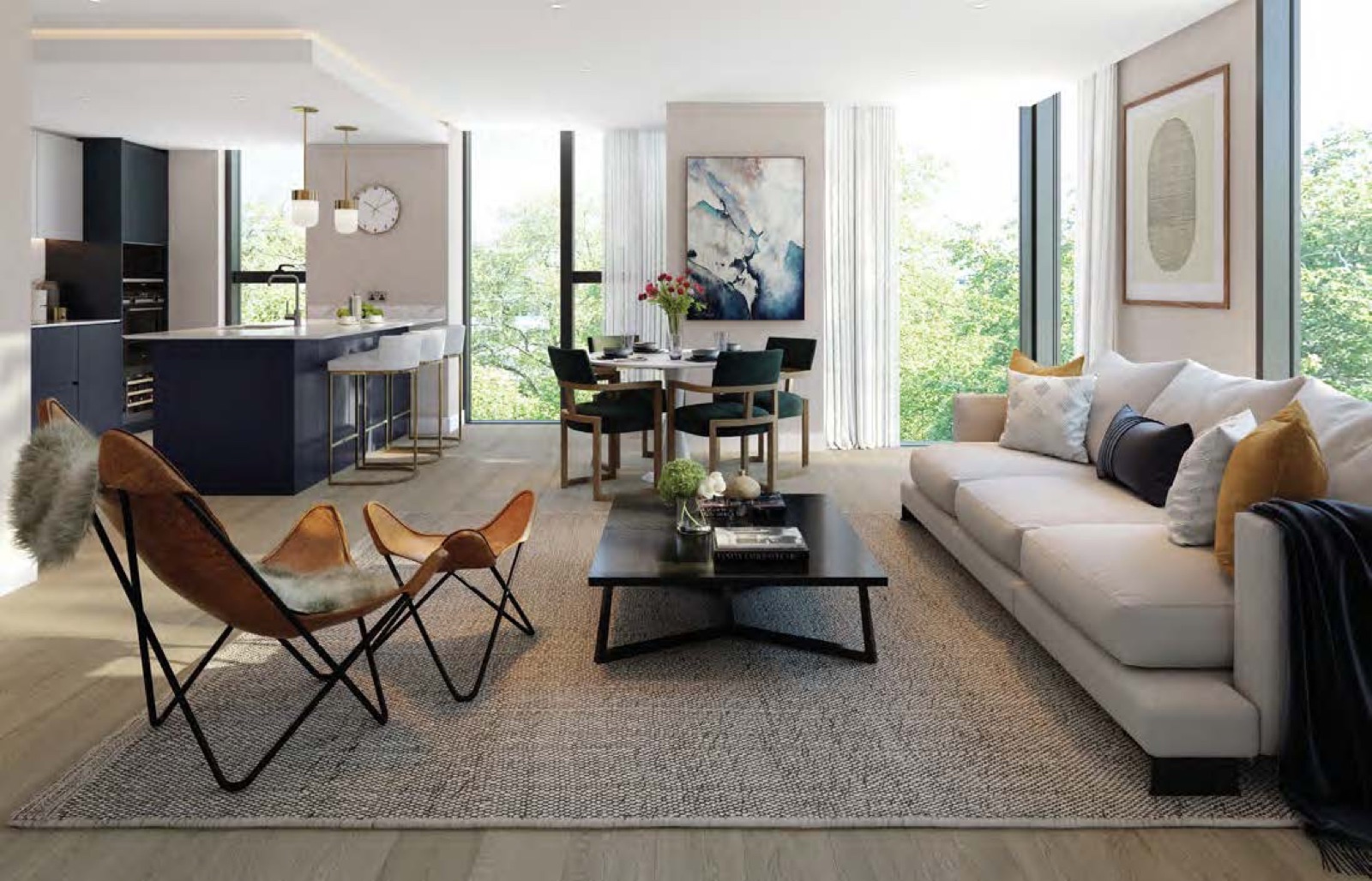 Harcourt Gardens South Quay Plaza Canary Wharf E14 open-plan kitchen, dining and living room with navy island bar, brass pendants and floor-to-ceiling glazing onto the gardens