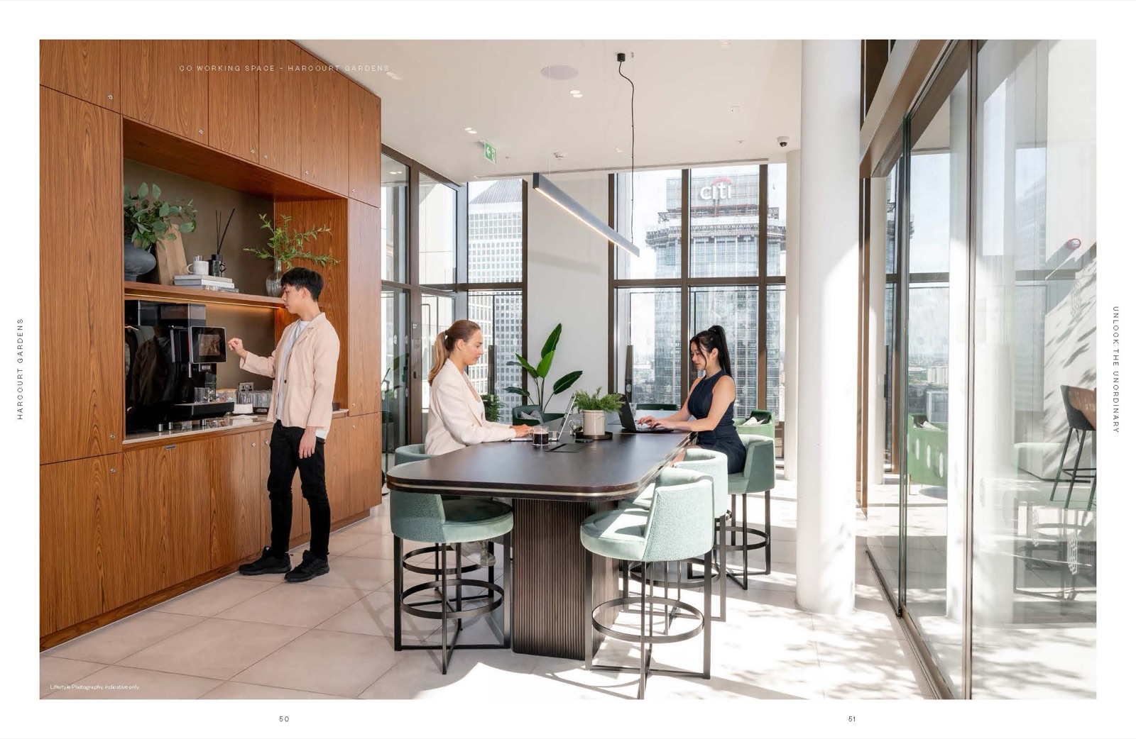 Harcourt Gardens South Quay Plaza Canary Wharf E14 iGarden co-working space on level 37 with timber joinery, banquette seating and view across to the Citi tower