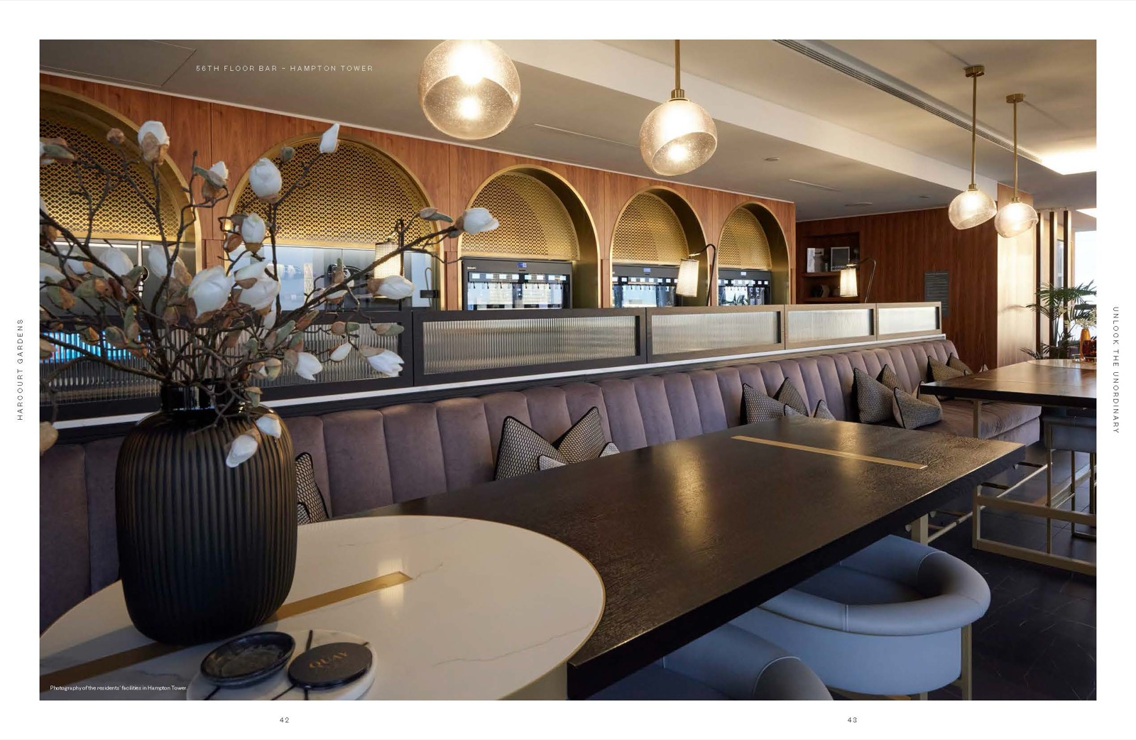 Harcourt Gardens South Quay Plaza Canary Wharf E14 56th-floor residents bar and terrace at Hampton Tower with arched timber screens and banquette seating, part of The Quay Club