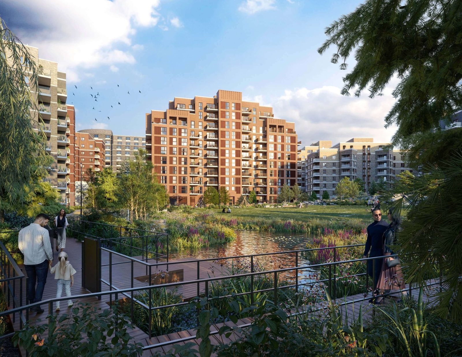 Lombard Square Plumstead SE28 CGI of the central Garden Square with lake, willow tree, wildflower planting and boardwalk connecting the craft-inspired houses