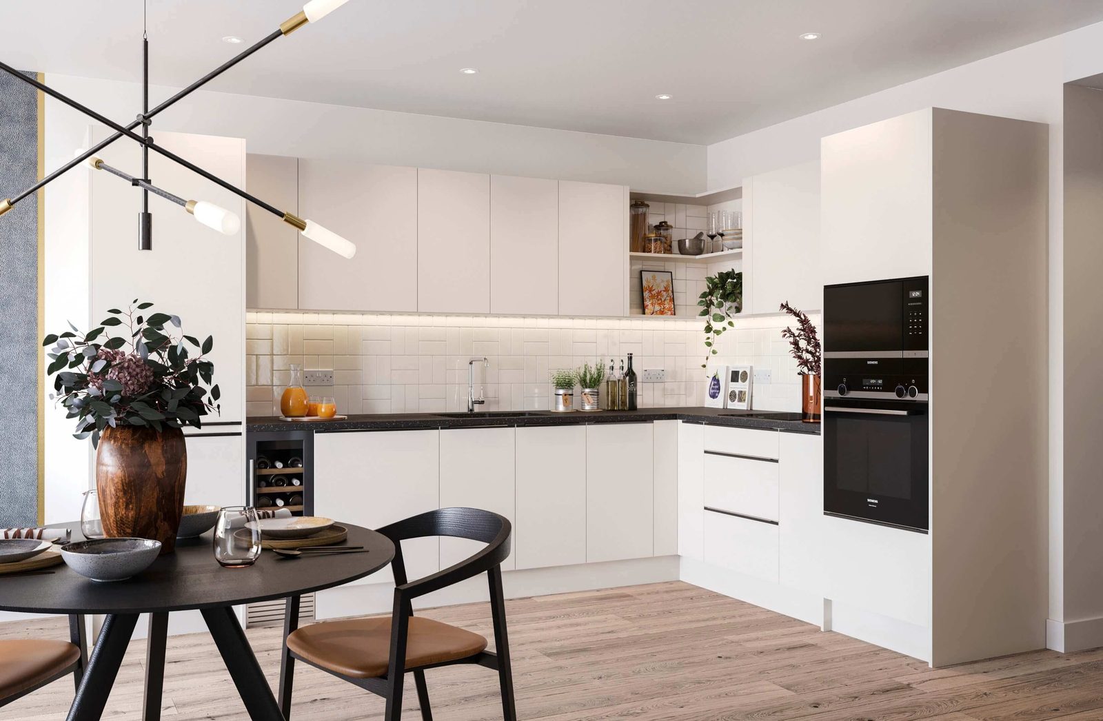 Lombard Square Plumstead SE28 CGI of an apartment open-plan kitchen and dining area with white matt cabinetry, black worktops and integrated Siemens appliances