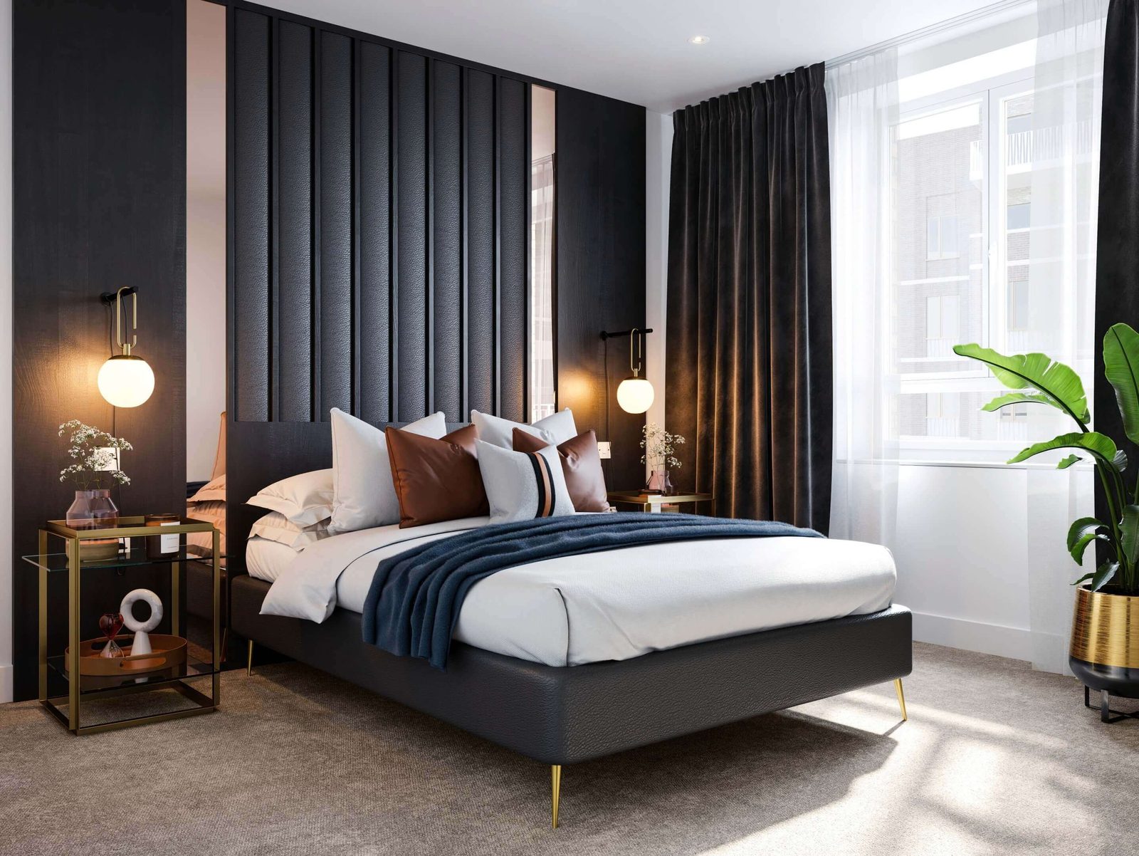 Lombard Square Plumstead SE28 CGI of a principal bedroom with panelled black velvet feature wall, brass reading lights and cloud-soft carpet