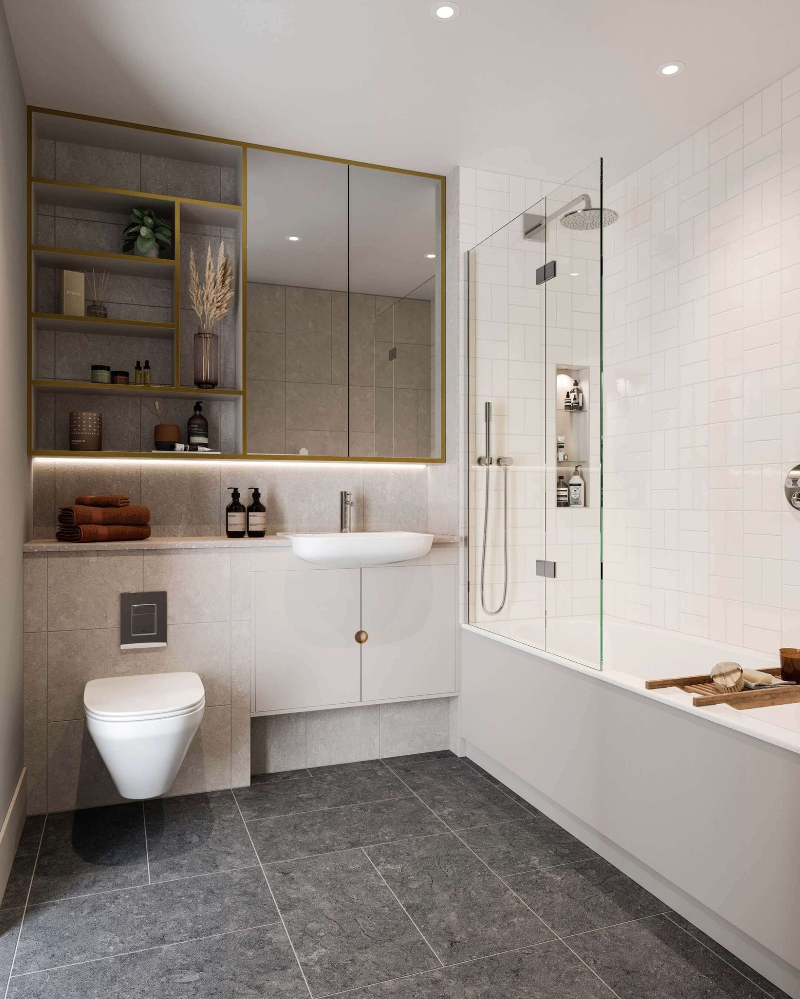 Lombard Square Plumstead SE28 CGI of a bathroom with light stone tiles, inset shelving, wall-hung basin and walk-in rainfall shower over the bath