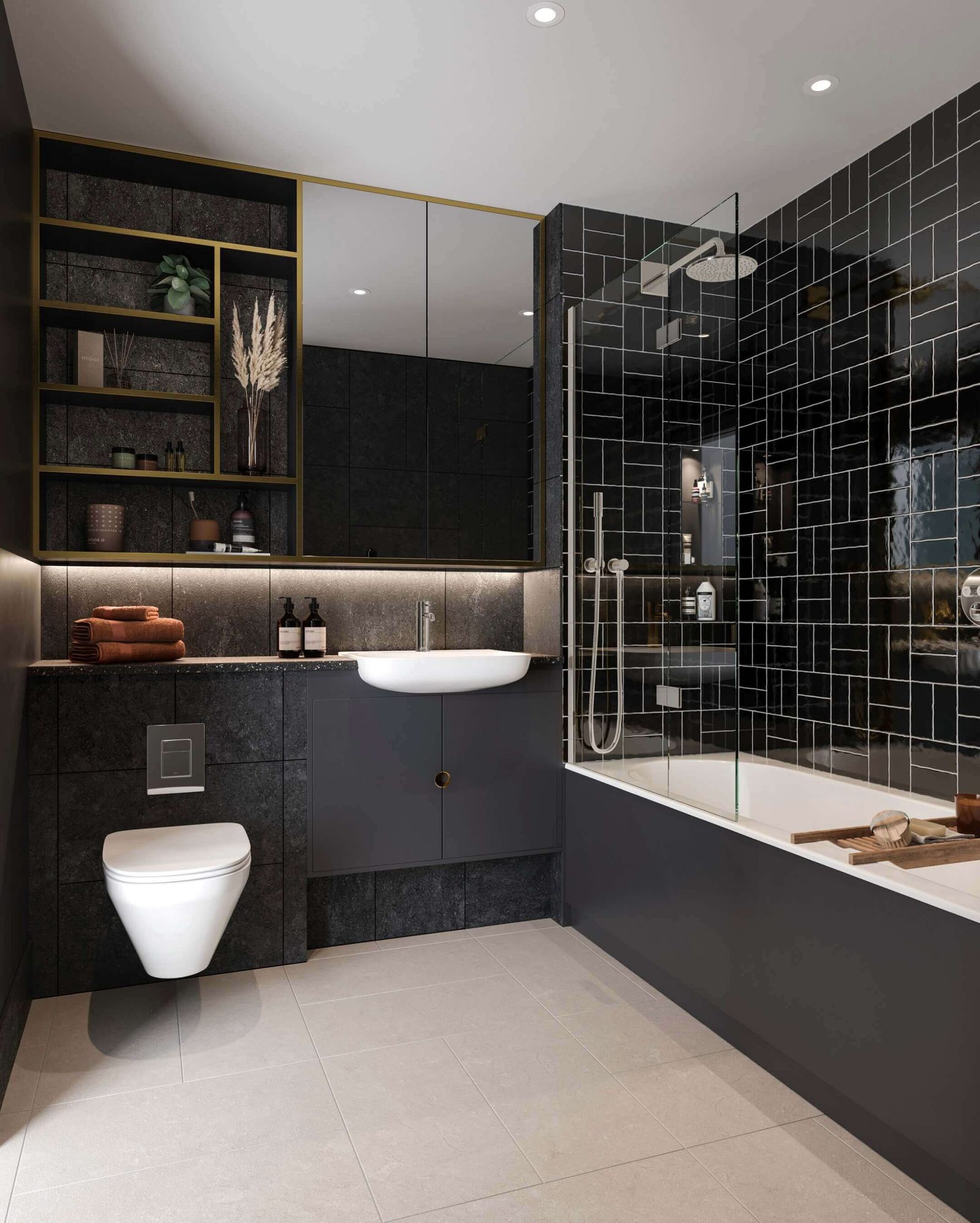 Lombard Square Plumstead SE28 CGI of a dark-scheme bathroom with black metro tiles, brass-framed mirrored cabinets and heated rainfall shower bath