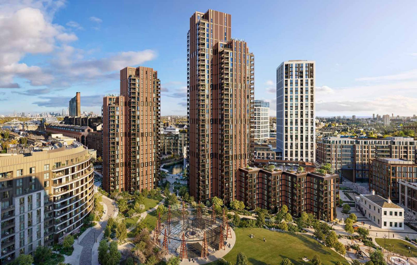 One King's Road Park Fulham SW6 London new phase exterior aerial view of Foster + Partners towers above the Mirror Garden and Grade II Listed gasholder