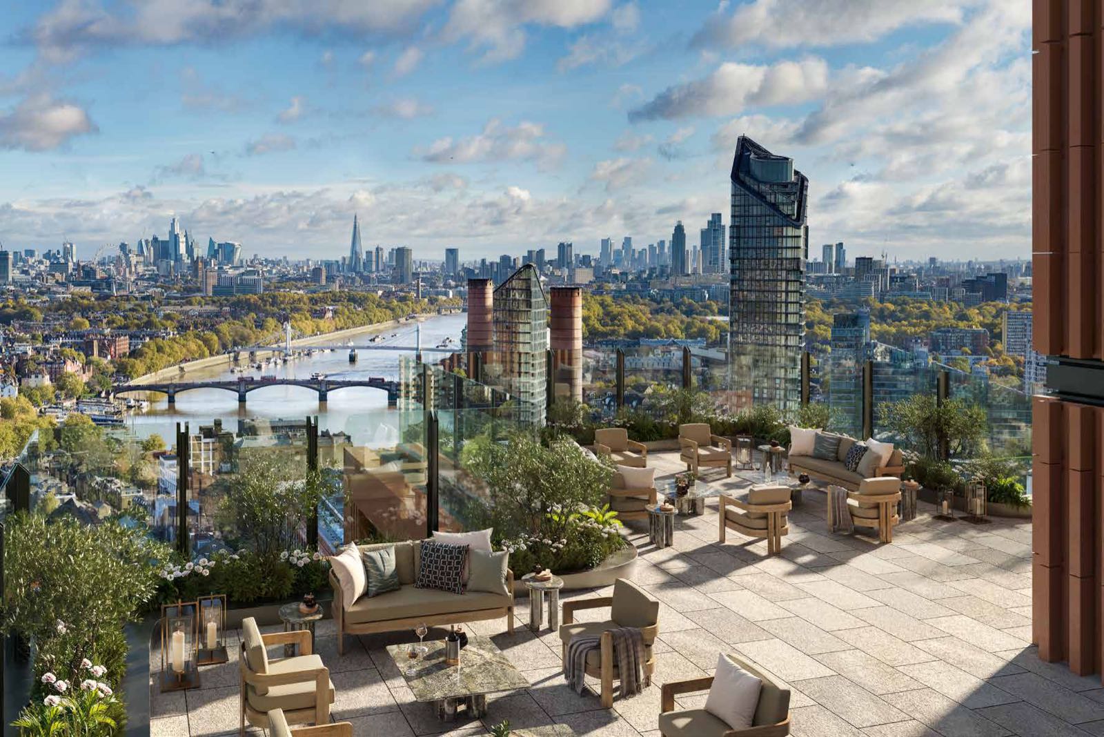 One King's Road Park Fulham SW6 London Level 22 residents' outdoor terrace at No.1 with Thames and City of London skyline views
