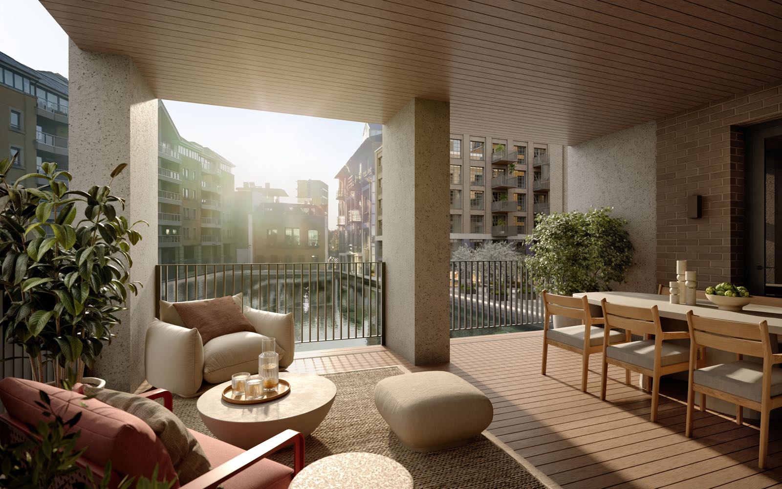 Ransome's Wharf Battersea SW11 London private terrace with timber ceiling, dining table and dockside view